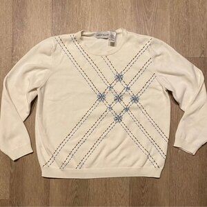 Alfred Dunner Cream Diamond-Pattern Floral Embroidered Sweater – Women’s Size La